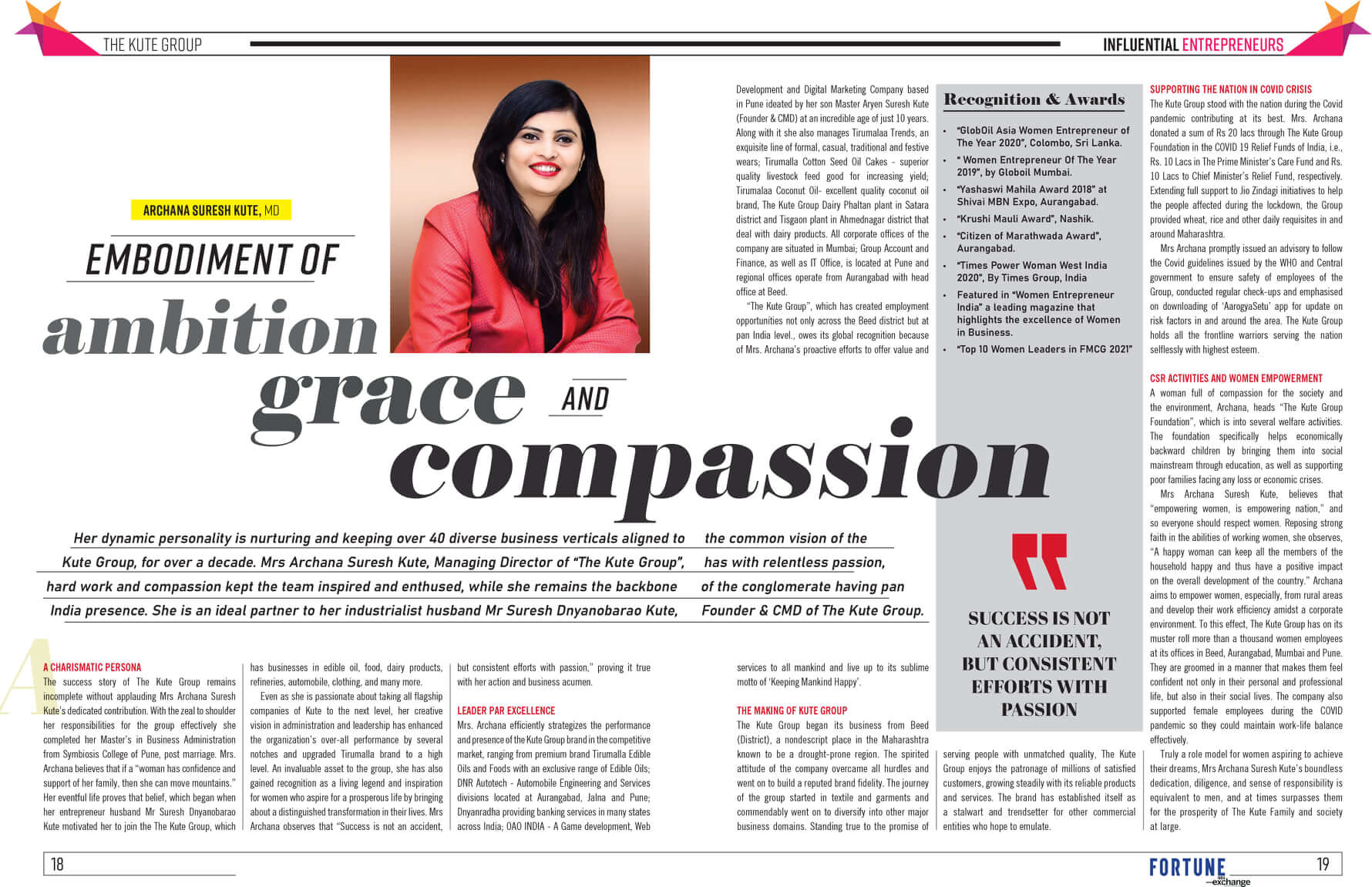 Mrs. Archana Kute featured in Fortune India Exchange Business Magazine