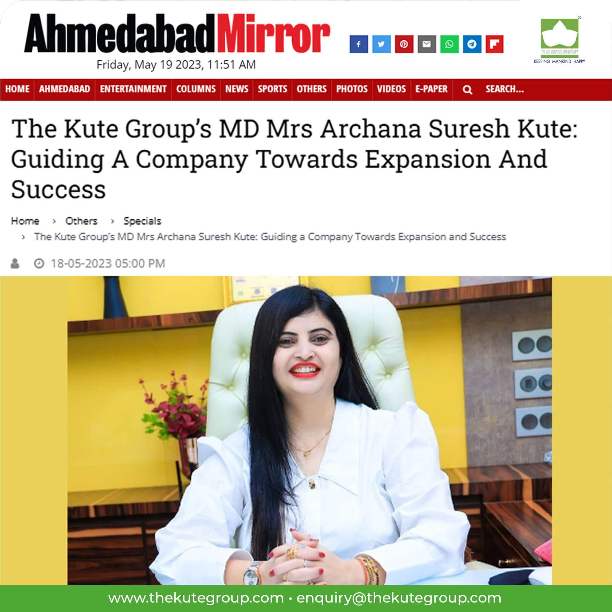 Ahmedabad Mirror featuring Mrs. Archana Suresh Kute (MD-The Kute Group)